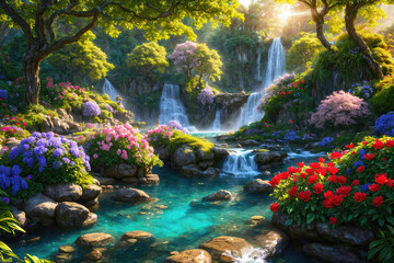 Paradise landscape with beautiful  gardens, waterfalls and flowers, magical idyllic background with many flowers in eden.