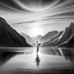 a black and white sketch of Jesus walking on water, with his arms out, mountains in background