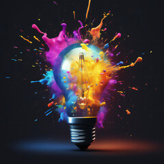 lampadina colorata con schizzi di colori sullo sfondo, creatività eureka ispirazione. Think differently creative idea concept. Brainstorm and think.
