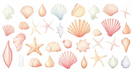 Set of different sea shells corals and starfishes.