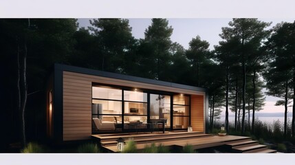 Fototapeta na wymiar Modular wooden house on wheels with flat roof