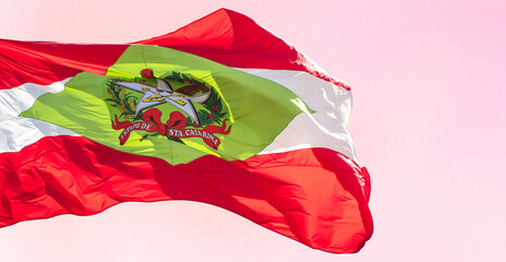 Close-up of flag of Santa Catarina, Brazil on pink background.