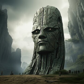 Giant figure of alien as old building. Generative AI