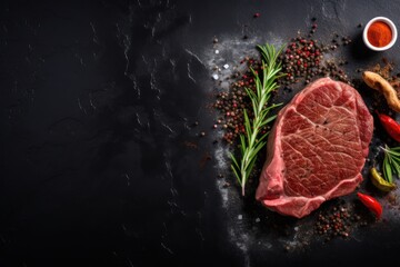 Beef steak with spices on dark stone background - obrazy, fototapety, plakaty