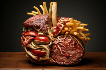 High blood pressure and high cholesterol concept. Anatomical heart made from junk food. Metaphoric art