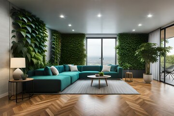 Obraz na płótnie Canvas modern living room with lots of green plants generated by AI tool
