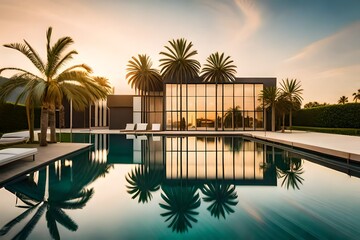 swimming pool at morning with palms generated by AI tool