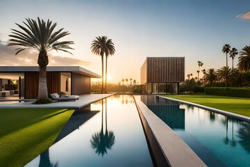 swimming pool at morning with palms generated by AI tool