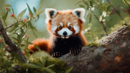 cute baby red panda very happy and playful in the tree.Generative AI