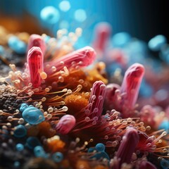 Threads of fungus and bacteria under a microscope. Microbes and intestinal microflora. Generative AI - obrazy, fototapety, plakaty