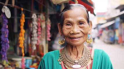 Fototapeta premium everyday life an old woman with wrinkles and gray hair wears jewelry and earrings, in front of her own local shop with small things and everyday products,narrow side street,fictional place