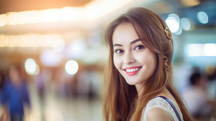 Fototapeta premium young adult asian woman, everyday life in a shopping mall, red-brown dyed hair, indoors, going shopping or eating out, walking through the aisles along the shops, fictitious place