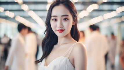 young adult asian woman ,slim petite, white fair skin tone, white elegant dress, in a hall or hall, family party or superstar or social media influencer or luxury restaurant, fictional place