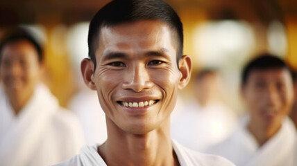 everyday life of an adult man with tanned skin, smiling in a good mood, group of men, 30s, hotel reption or friends or religion such as buddhism or as a monk or visiting a temple