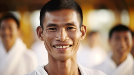Obraz premium everyday life of an adult man with tanned skin, smiling in a good mood, group of men, 30s, hotel reption or friends or religion such as buddhism or as a monk or visiting a temple