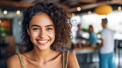 Fototapeta premium young adult woman, 20s 30s, caucasian multiracial, curly brunette hair, tank top, in summer in a restaurant on the terrace or cafe during leisure time or summer vacation, fictional location