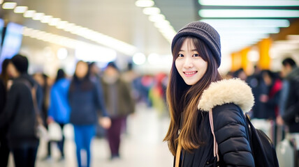 teenager girl with long brown hair, carrying a backpack, at the airport for immigration or train station or departure or arrival when traveling, vacation or domestic travel