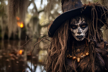 Scary voodoo swamp witch woman, Halloween, outdoor, copyspace