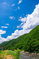 夏の日の新緑の山と木曽川　