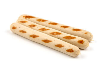 Grilled chicken sausages, isolated on white background.