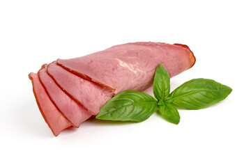 Italian prosciutto crudo or spanish jamon. Jerked meat, isolated on white background: