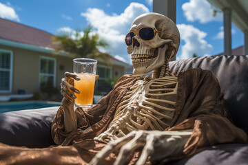 Halloween skeleton with a drink and sunglasses lounging by pool, tropical, exterior home decor, copyspace - obrazy, fototapety, plakaty