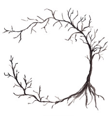 Obraz premium Hand drawn watercolor round frame with black creepy tree without leaves with copy space in the middle.Isolated