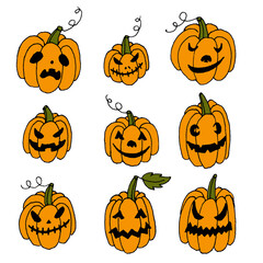 Set of doodle hand drawn line art halloween holiday pumpkins with different shaped, creepy spooky eyes, smiles and leaves isolated on white.Web design elements for print,autumn decor.