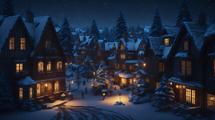 Fototapeta na wymiar Enchanted Eve: Hyperrealistic Winter Village Awakens for Christmas Festival