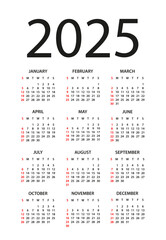 Calendar 2025 - illustration. Week starts on Sunday. Calendar Set for 2025 year