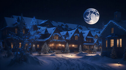 Fototapeta premium Enchanted Eve: Hyperrealistic Winter Village Awakens for Christmas Festival