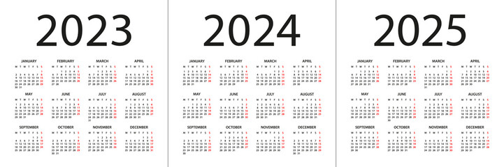 Calendar 2023, 2024, 2025 - illustration. Week starts on Monday. Calendar Set for 2023, 2024, 2025 years