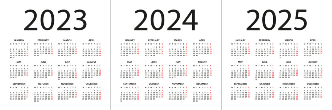 Calendar 2023, 2024, 2025 - illustration. Week starts on Monday. Calendar Set for 2023, 2024, 2025 years