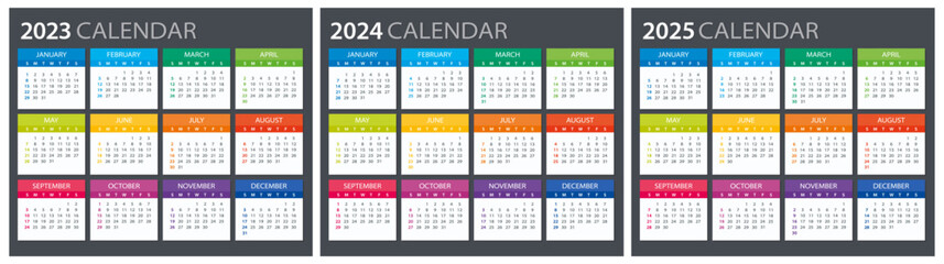 2023, 2024, 2025 Calendar - illustration. Template. Mock up - obrazy, fototapety, plakaty
