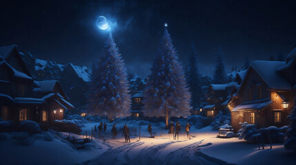 Fototapeta premium Enchanted Eve: Hyperrealistic Winter Village Awakens for Christmas Festival