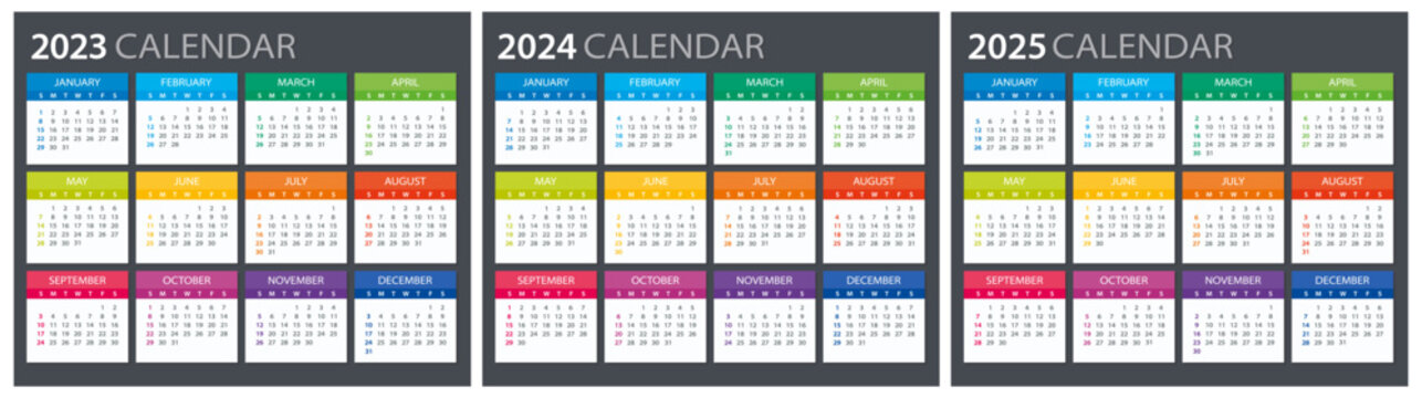 2023, 2024, 2025 Calendar - illustration. Template. Mock up