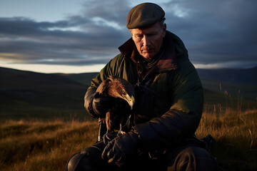 a falconer outdoors with his bird of prey rapaz