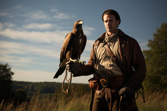 a falconer outdoors with his bird of prey rapaz - Powered by Adobe