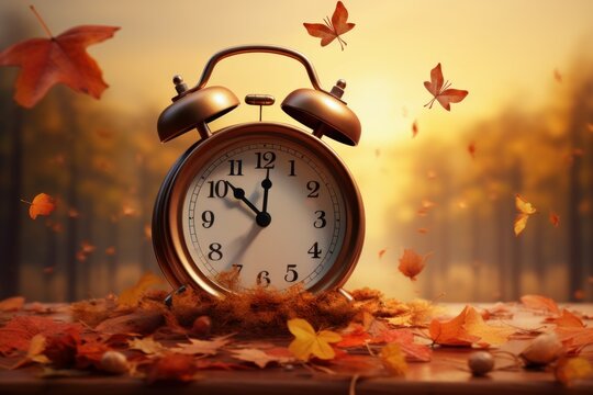 Alarm clock autumn table. Generate Ai
