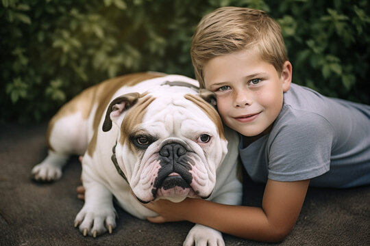 little boy with his bulldog posing for photography in his backyard