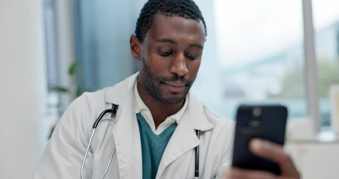 Wave, doctor and black man with a phone for a video call for a healthcare consultation online. Hello, hospital and an African surgeon or nurse speaking on a mobile webinar for medical help or advice