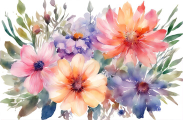Watercolor flowers background, abstract flowers made from watercolor paint splashes isolated on white