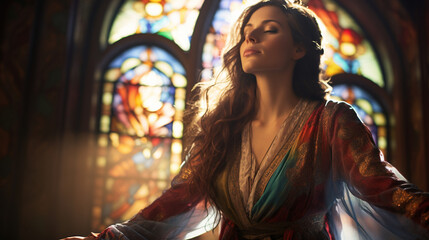Spiritual Reflection: A person deep in prayer, sitting peacefully in a beautiful church, with sunlight streaming through colorful stained glass windows