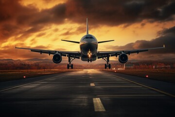 Fototapeta na wymiar Airplane on the runway at sunset