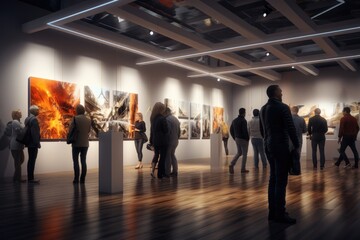Group of people attend an art gallery with paintings - obrazy, fototapety, plakaty