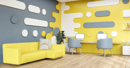 Colorful Living room japanese minimalist room interior, 3D rendering