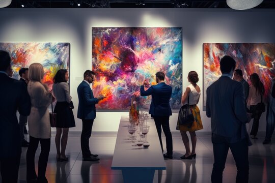 Group of people attend an art gallery with paintings