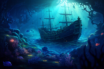 A lonely shipwreck, resting on the sea bed, surrounded by schools of fish, undersea flora and fauna, surreal environment, bathed in bioluminescent light, fantasy digital art style
