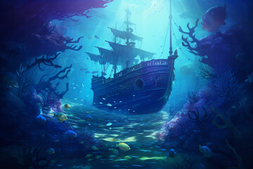 Naklejka premium A lonely shipwreck, resting on the sea bed, surrounded by schools of fish, undersea flora and fauna, surreal environment, bathed in bioluminescent light, fantasy digital art style