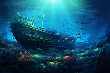 A lonely shipwreck, resting on the sea bed, surrounded by schools of fish, undersea flora and fauna, surreal environment, bathed in bioluminescent light, fantasy digital art style